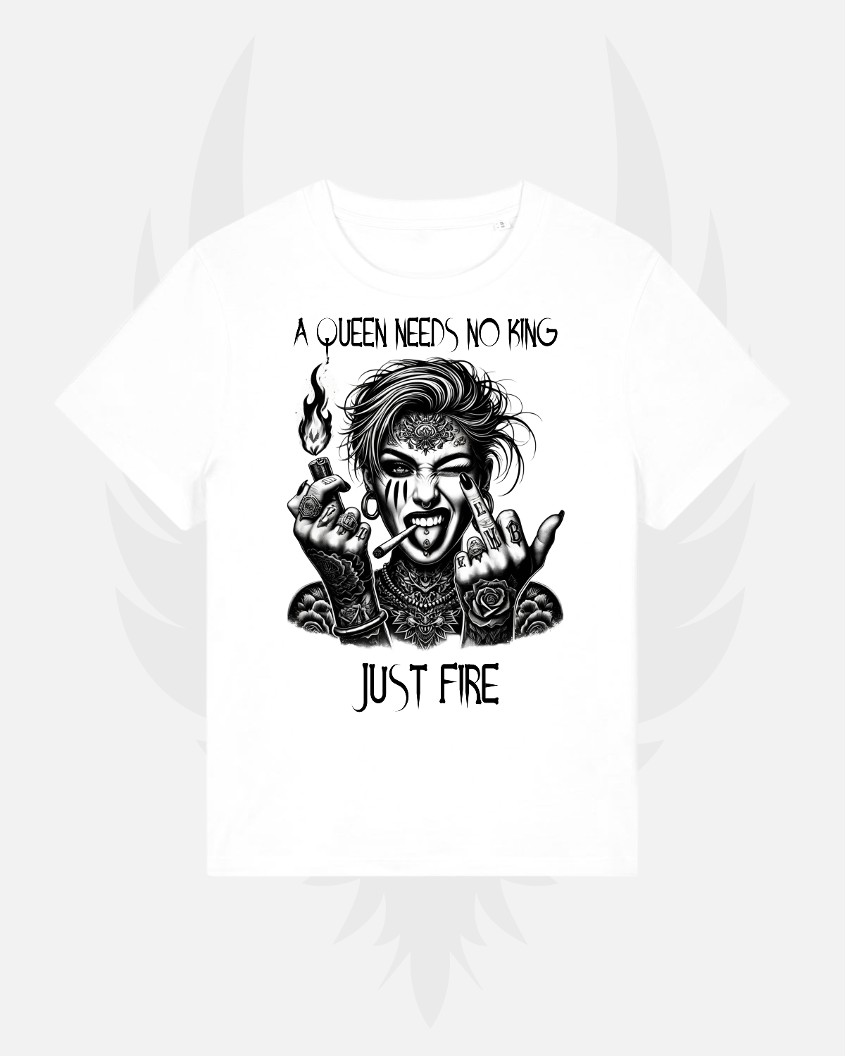 Damen T-Shirt 'A Queen Needs No King - Just Fire'